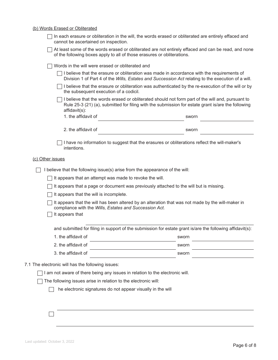 Form P4 Affidavit of Applicant for Grant of Probate or Grant of Administration With Will Annexed (Long Form) - British Columbia, Canada, Page 6
