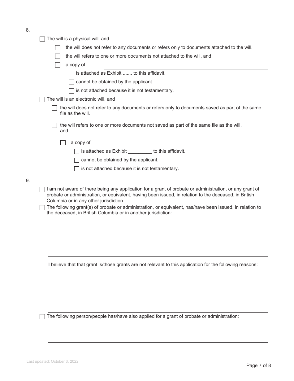 Form P4 Affidavit of Applicant for Grant of Probate or Grant of Administration With Will Annexed (Long Form) - British Columbia, Canada, Page 7