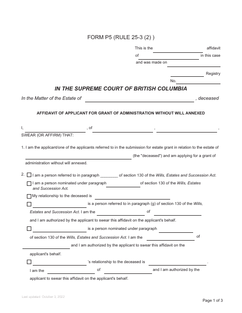 Form P5 Affidavit of Applicant for Grant of Administration Without Will Annexed - British Columbia, Canada