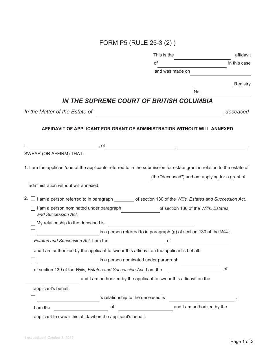 Form P5 Affidavit of Applicant for Grant of Administration Without Will Annexed - British Columbia, Canada, Page 1