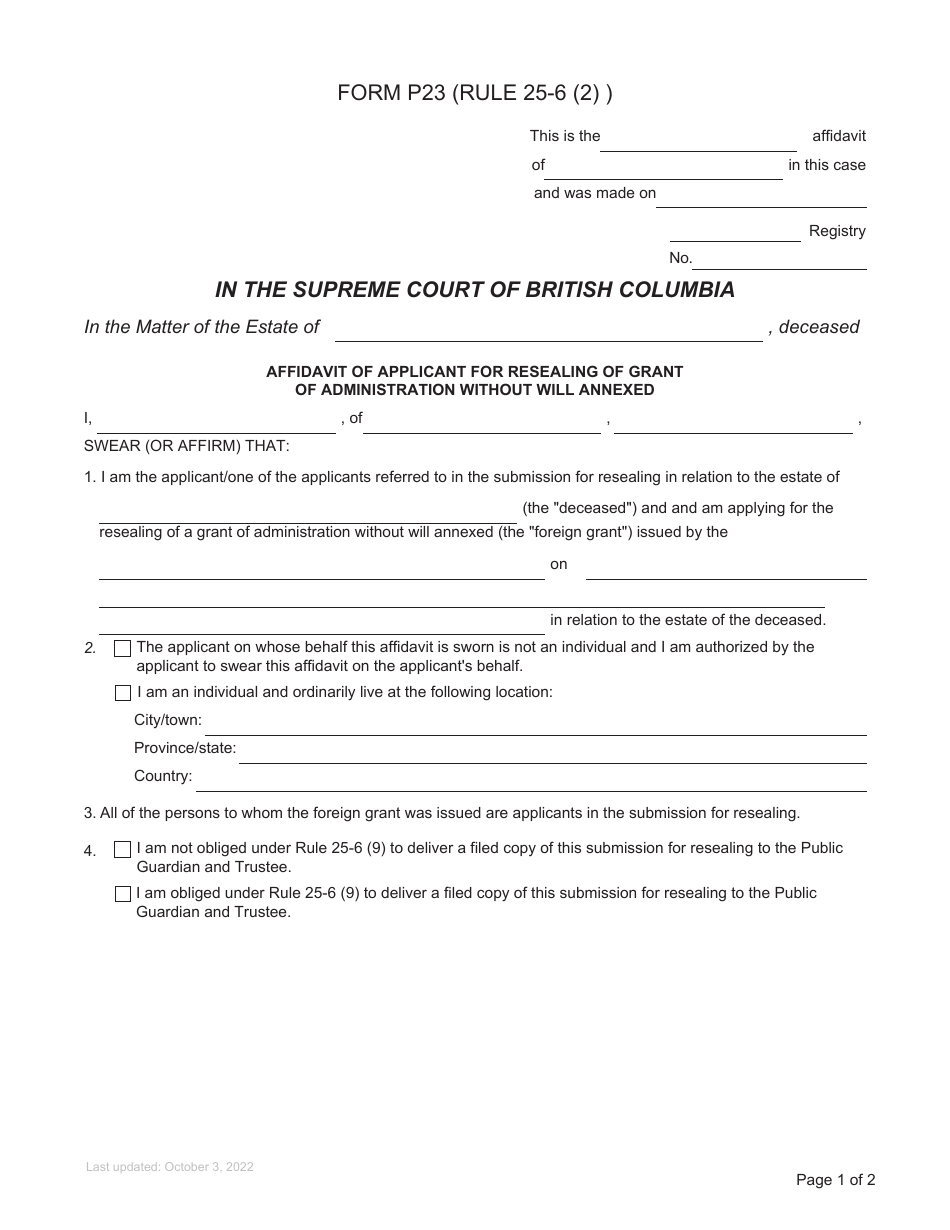 Form P23 Affidavit of Applicant for Resealing of Grant of Administration Without Will Annexed - British Columbia, Canada, Page 1