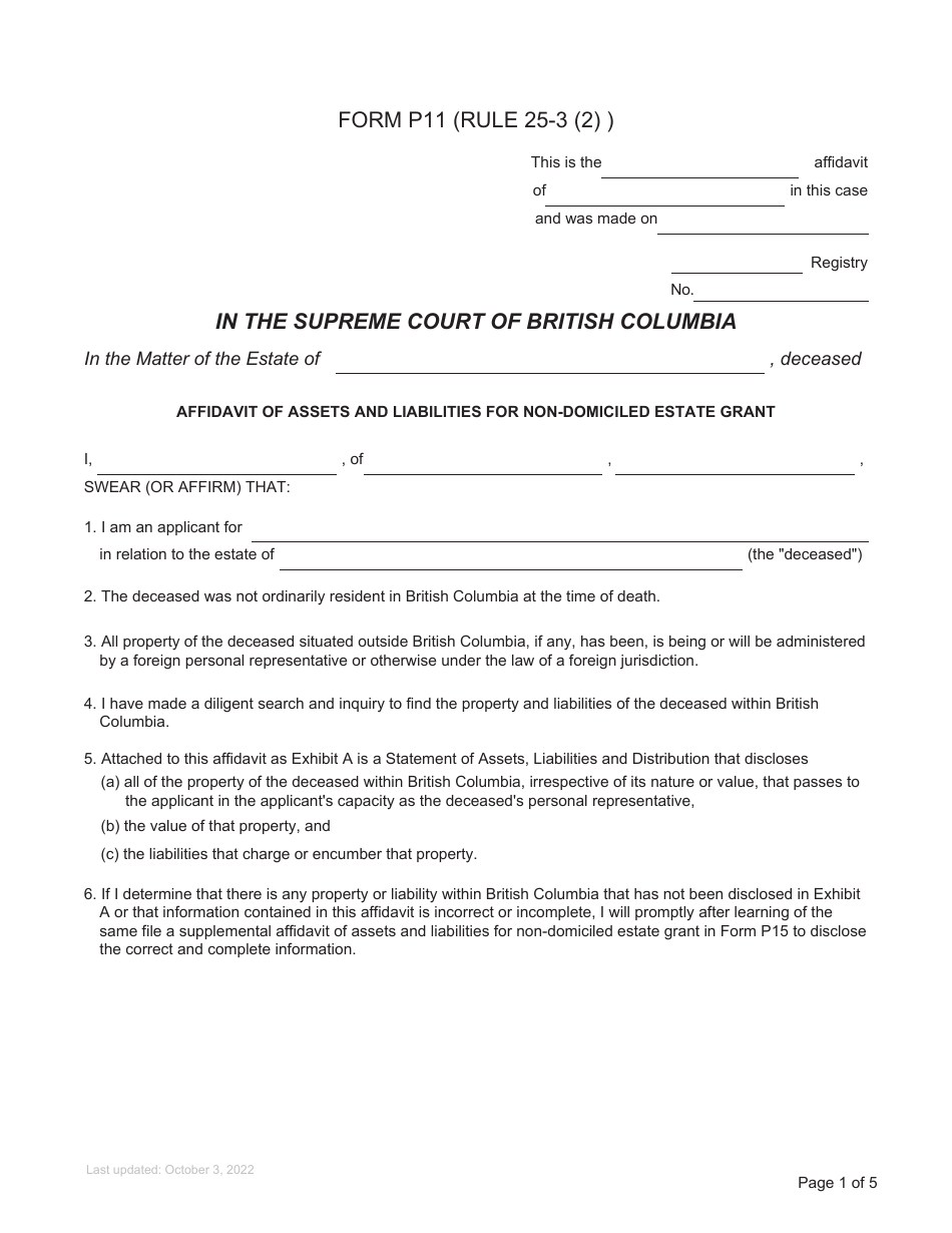 Form P11 Affidavit of Assets and Liabilities for Non-domiciled Estate Grant - British Columbia, Canada, Page 1