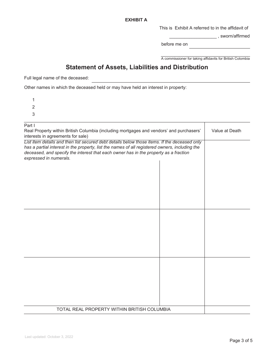 Form P11 Affidavit of Assets and Liabilities for Non-domiciled Estate Grant - British Columbia, Canada, Page 3