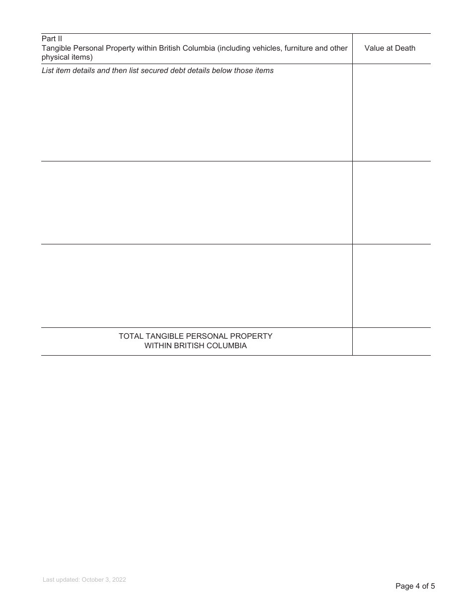 Form P11 Affidavit of Assets and Liabilities for Non-domiciled Estate Grant - British Columbia, Canada, Page 4