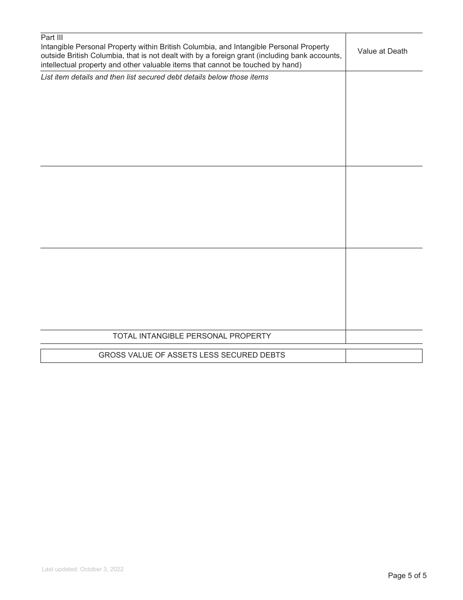 Form P11 Affidavit of Assets and Liabilities for Non-domiciled Estate Grant - British Columbia, Canada, Page 5