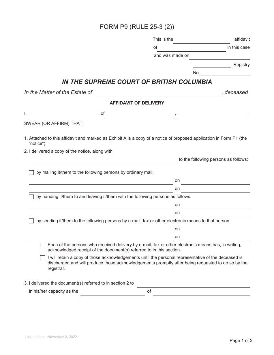 Form P9 Affidavit of Delivery - British Columbia, Canada, Page 1