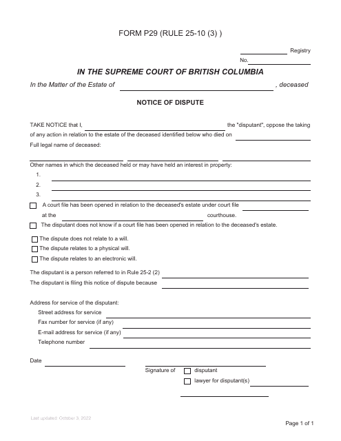 Form P29 Notice of Dispute - British Columbia, Canada