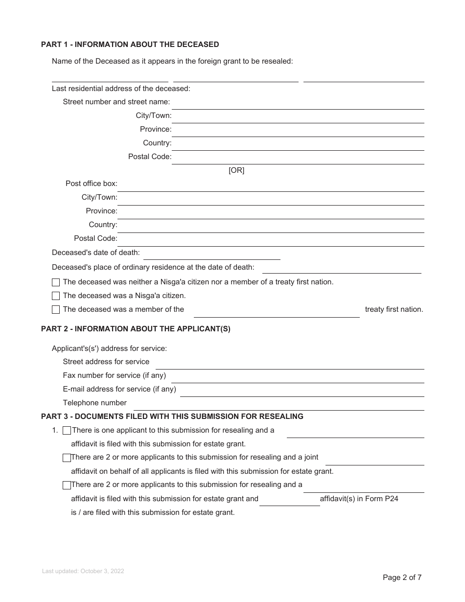 Form P21 Submission for Resealing - British Columbia, Canada, Page 2