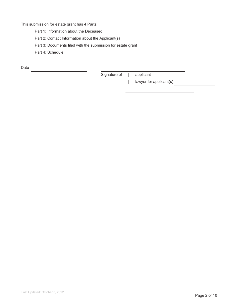 Form P2 Submission for Estate Grant - British Columbia, Canada, Page 2