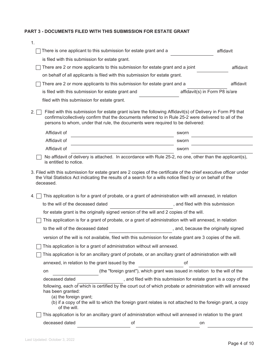 Form P2 Submission for Estate Grant - British Columbia, Canada, Page 4