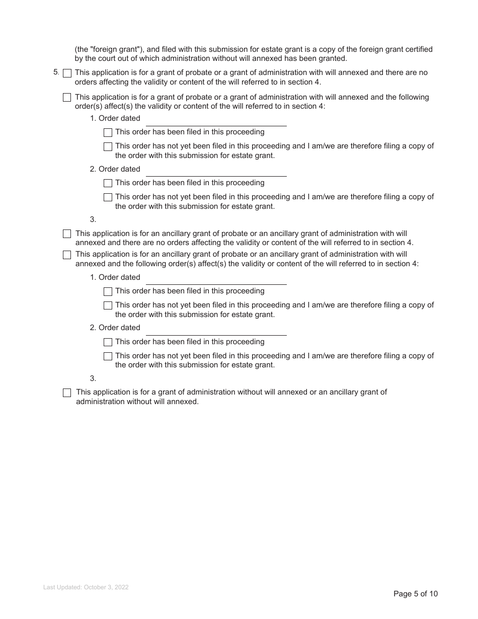 Form P2 Submission for Estate Grant - British Columbia, Canada, Page 5