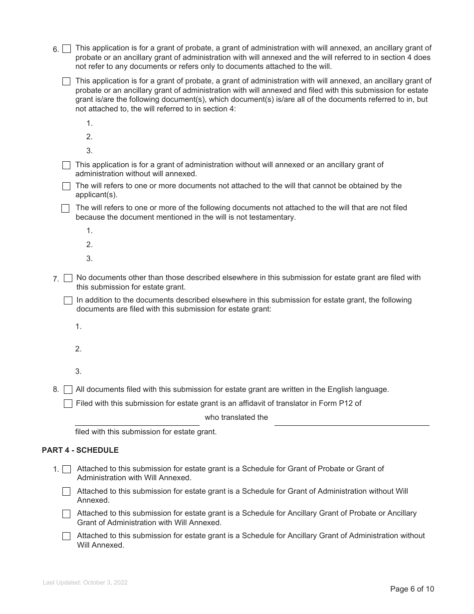 Form P2 Submission for Estate Grant - British Columbia, Canada, Page 6