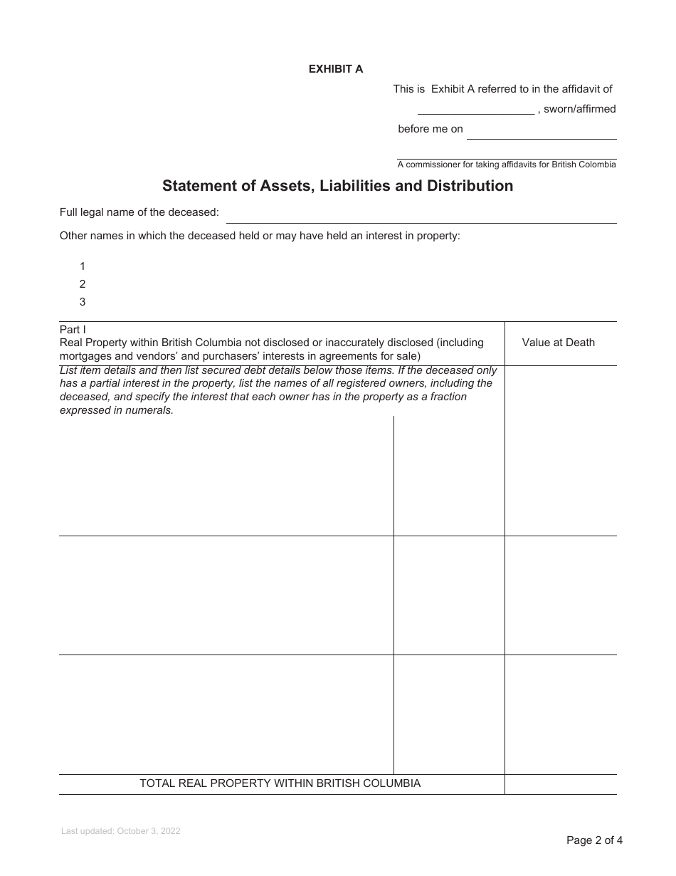 Form P15 Supplemental Affidavit of Assets and Liabilities for Non-domiciled Estate Grant - British Columbia, Canada, Page 2