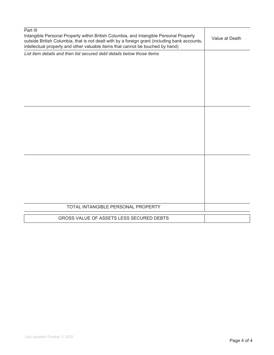 Form P15 Supplemental Affidavit of Assets and Liabilities for Non-domiciled Estate Grant - British Columbia, Canada, Page 4