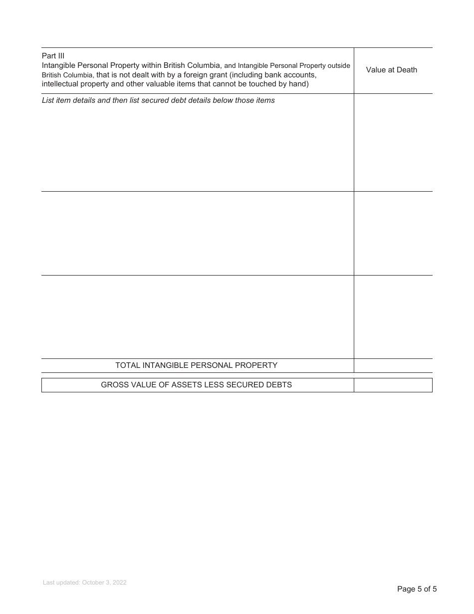 Form P14 Supplemental Affidavit of Assets and Liabilities for Domiciled Estate Grant - British Columbia, Canada, Page 5