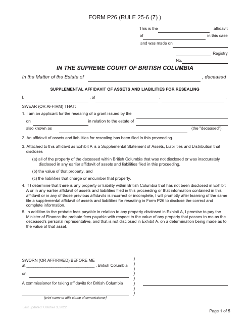 Form P26 Supplemental Affidavit of Assets and Liabilities for Resealing - British Columbia, Canada