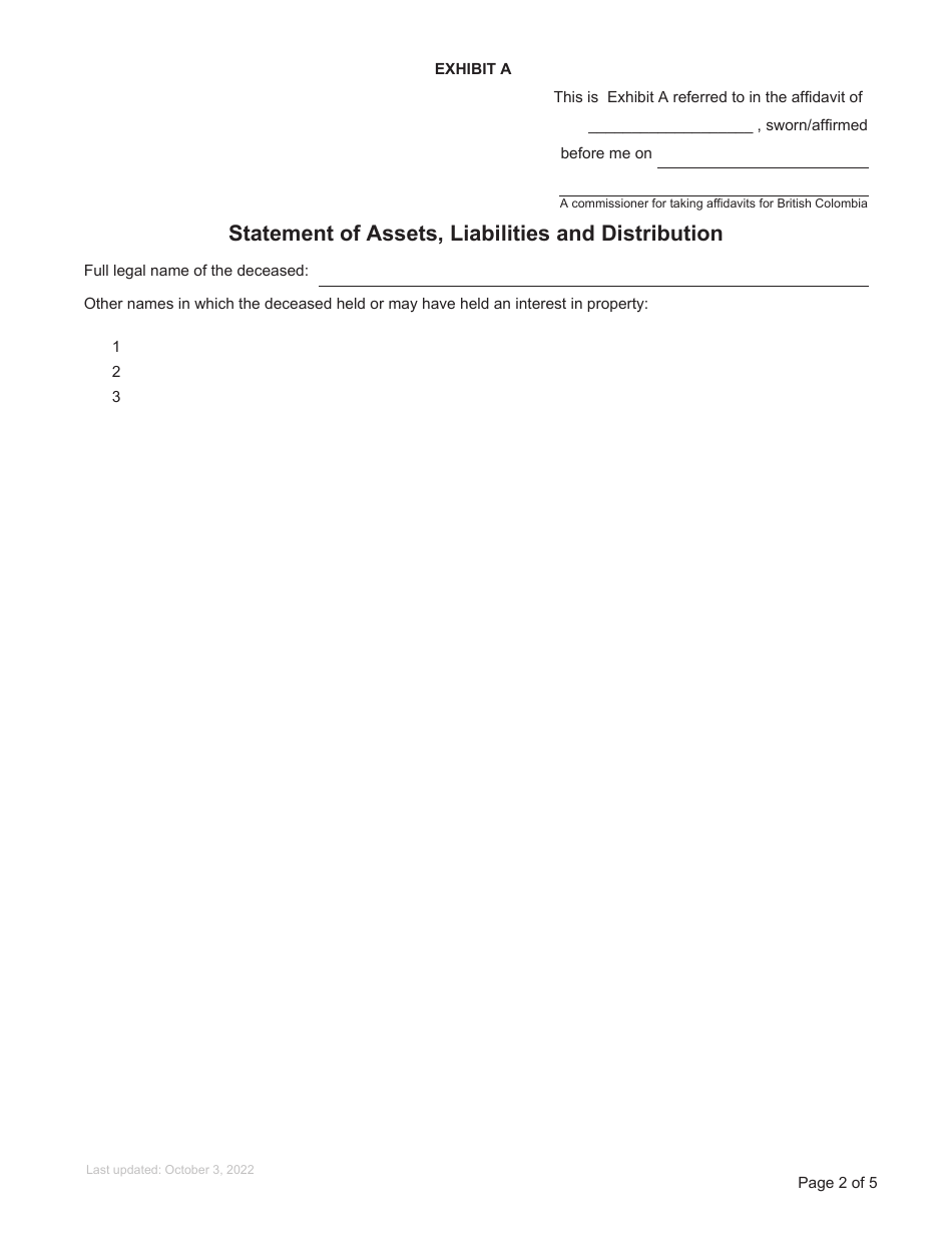 Form P26 Supplemental Affidavit of Assets and Liabilities for Resealing - British Columbia, Canada, Page 2