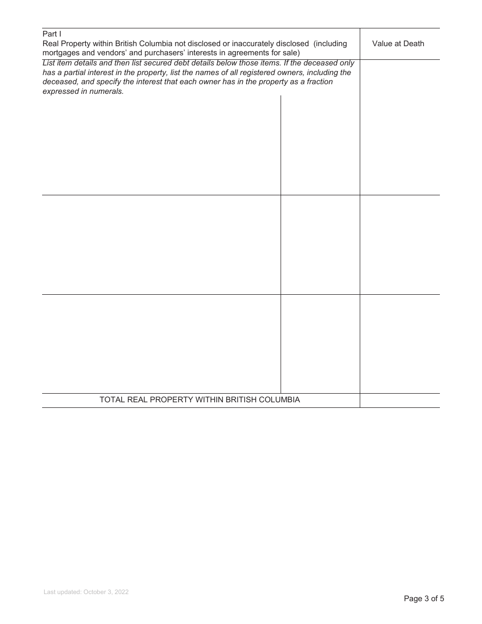 Form P26 Supplemental Affidavit of Assets and Liabilities for Resealing - British Columbia, Canada, Page 3
