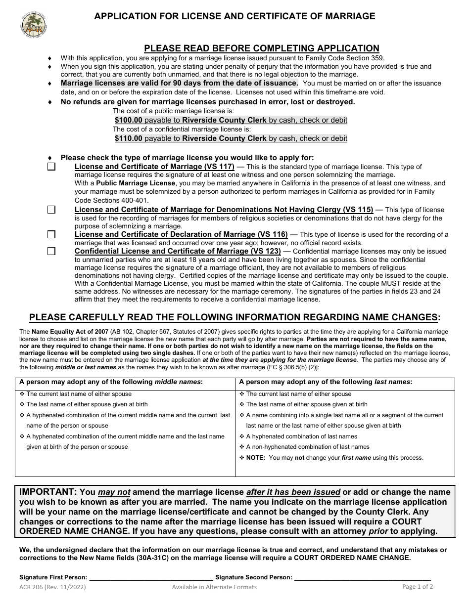 Form ACR206 Download Fillable PDF or Fill Online Application for ...