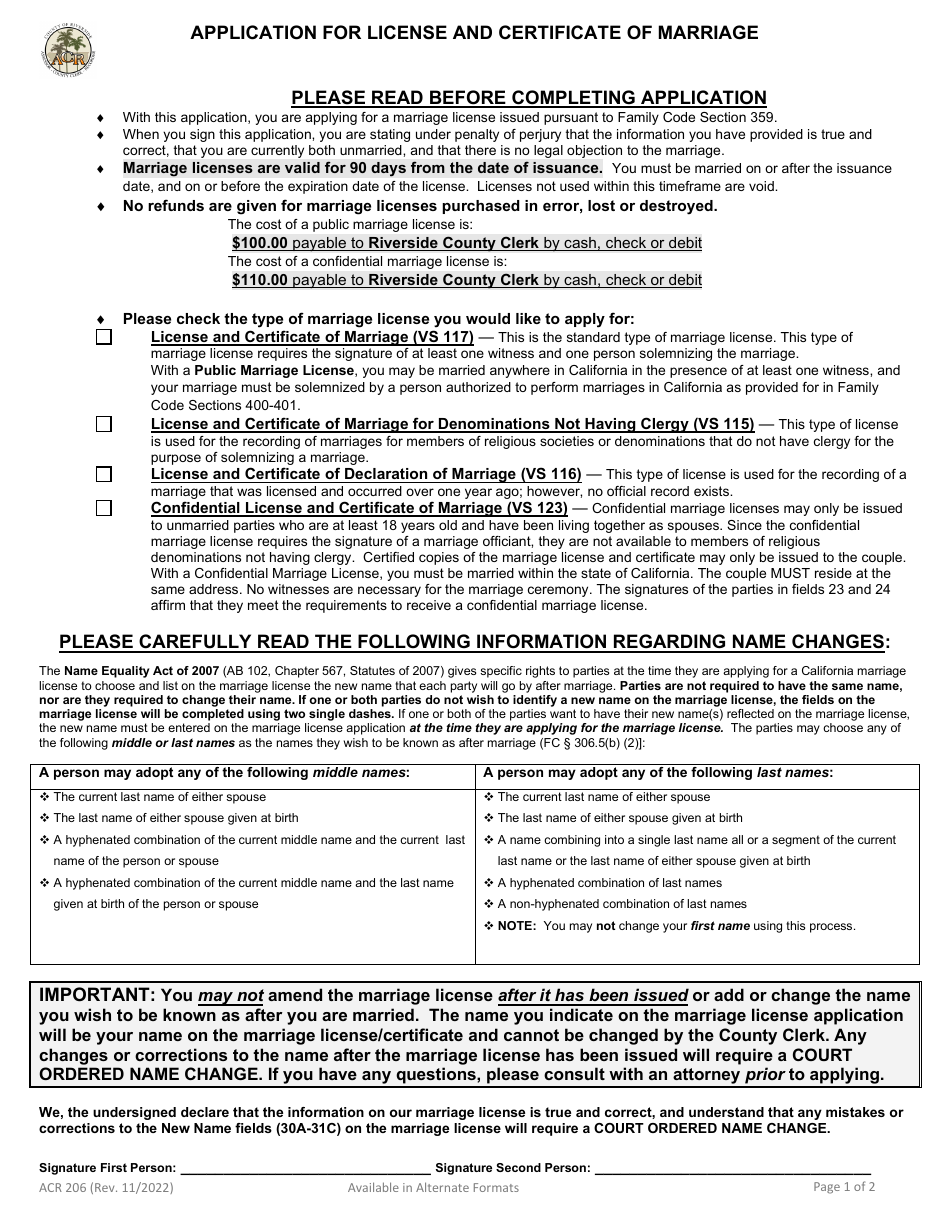 Form ACR206 Application for License and Certificate of Marriage - County of Riverside, California, Page 1