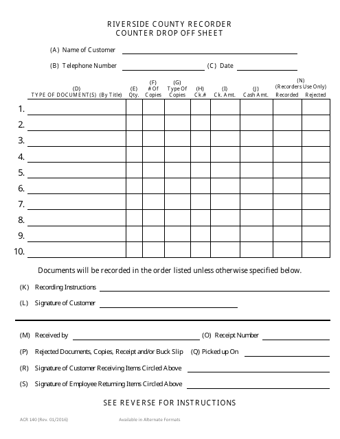 Form ACR140 Counter Drop off Sheet - County of Riverside, California