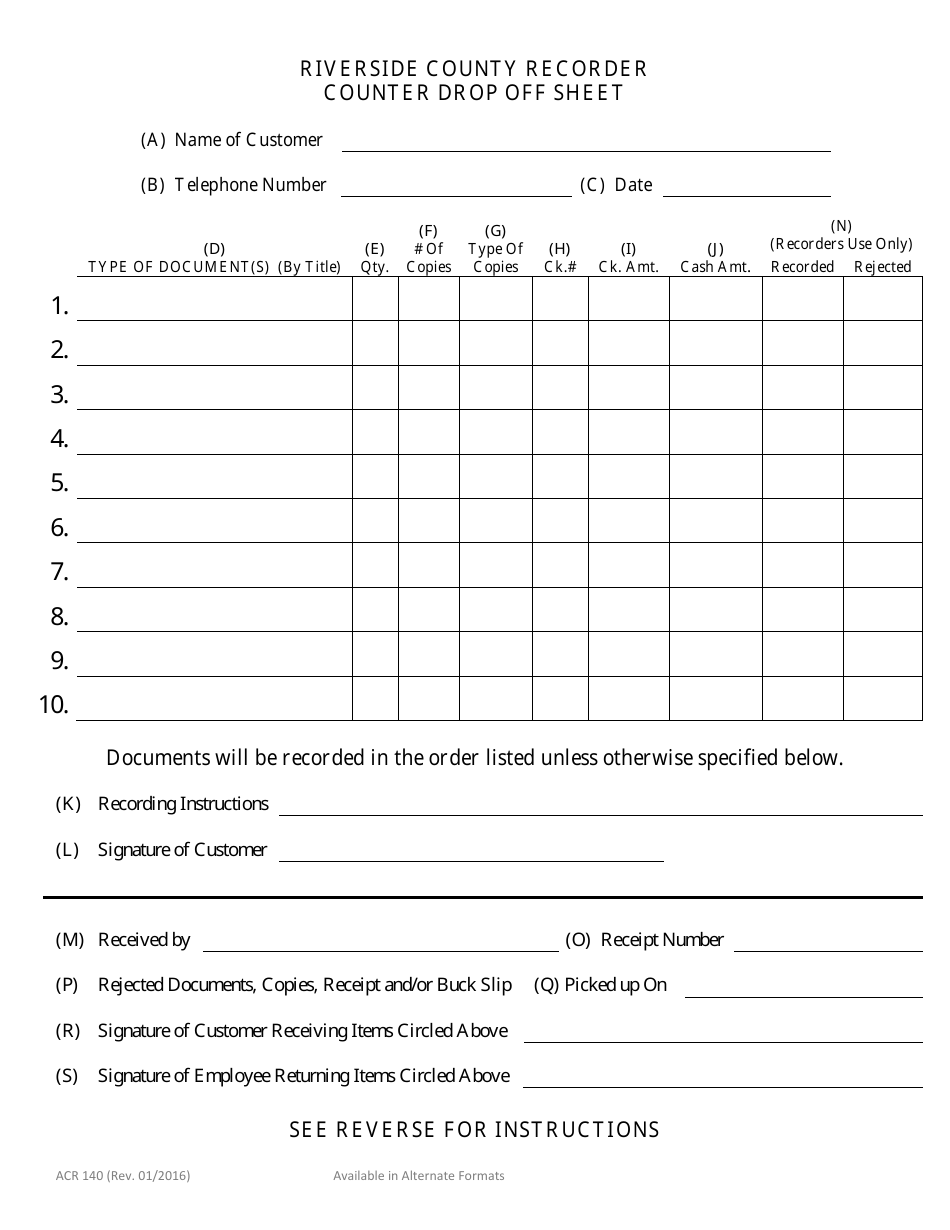 Form Acr140 Download Fillable Pdf Or Fill Online Counter Drop Off Sheet County Of Riverside 6327