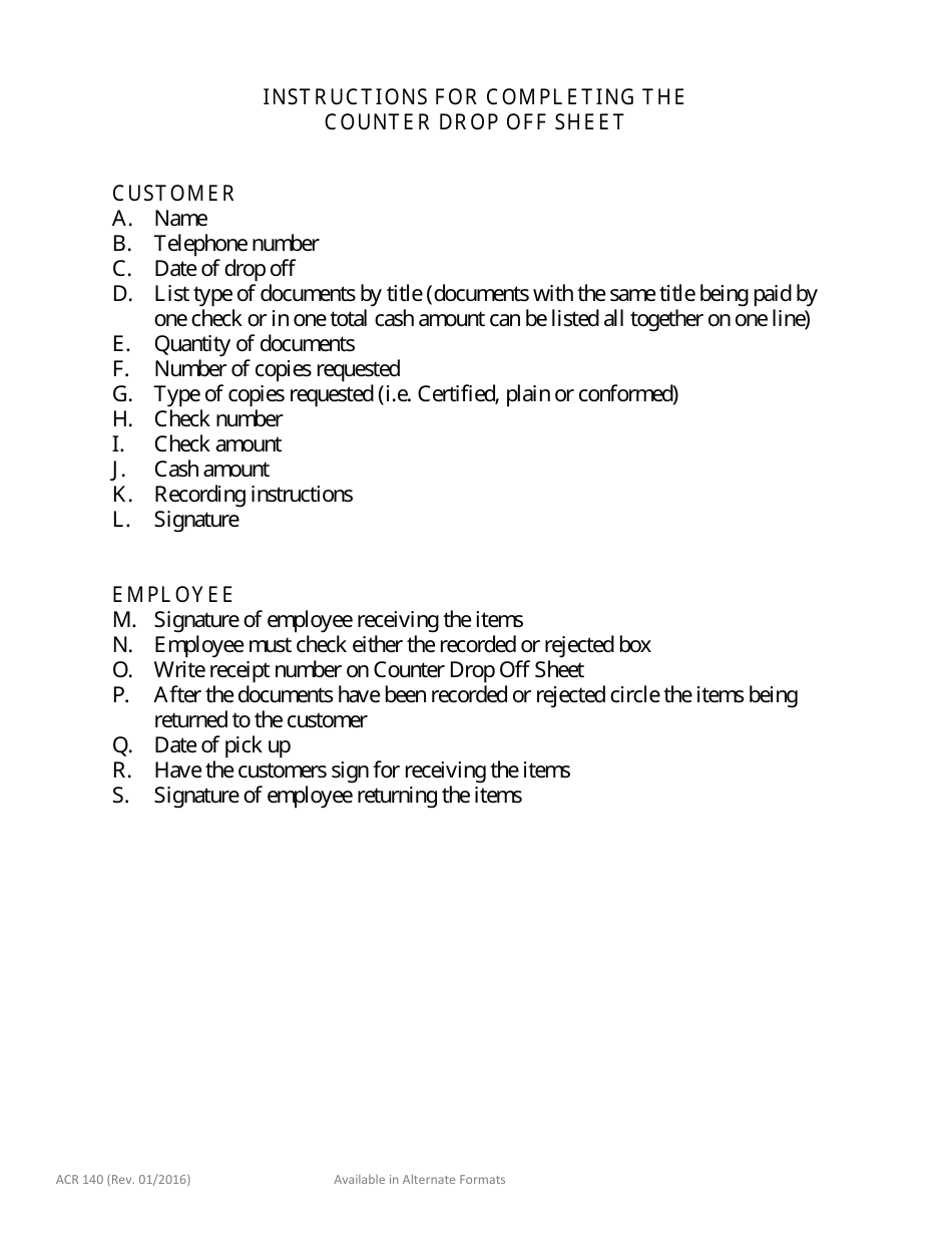 Form acr140 download fillable pdf or fill online counter drop off sheet