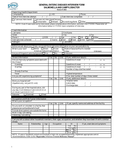 General Enteric Diseases Interview Form - Salmonella and Campylobacter - Connecticut