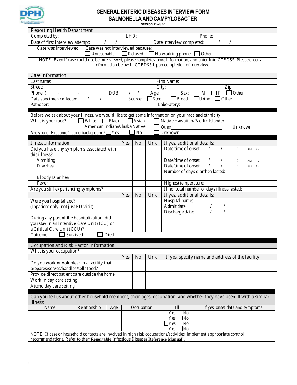 General Enteric Diseases Interview Form - Salmonella and Campylobacter - Connecticut, Page 1