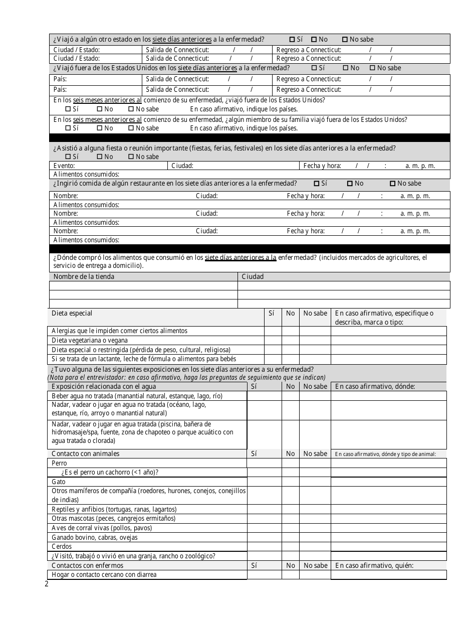 Formulario De Entrevista De Enfermedades Entericas Generales - Salmonella Y Campylobacter - Connecticut (Spanish), Page 2