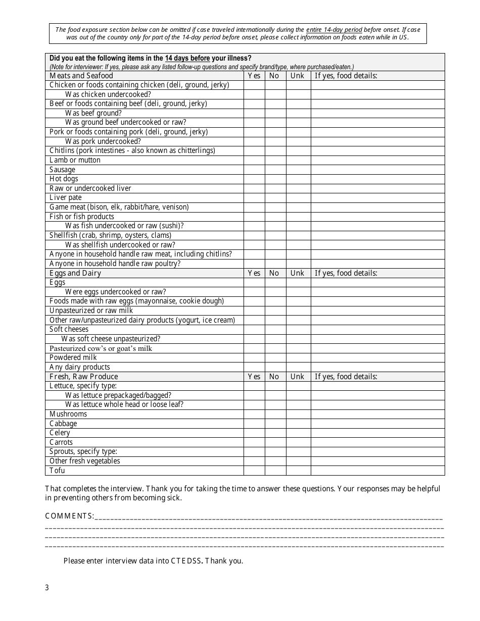 General Enteric Diseases Interview Form - Yersinia - Connecticut, Page 3