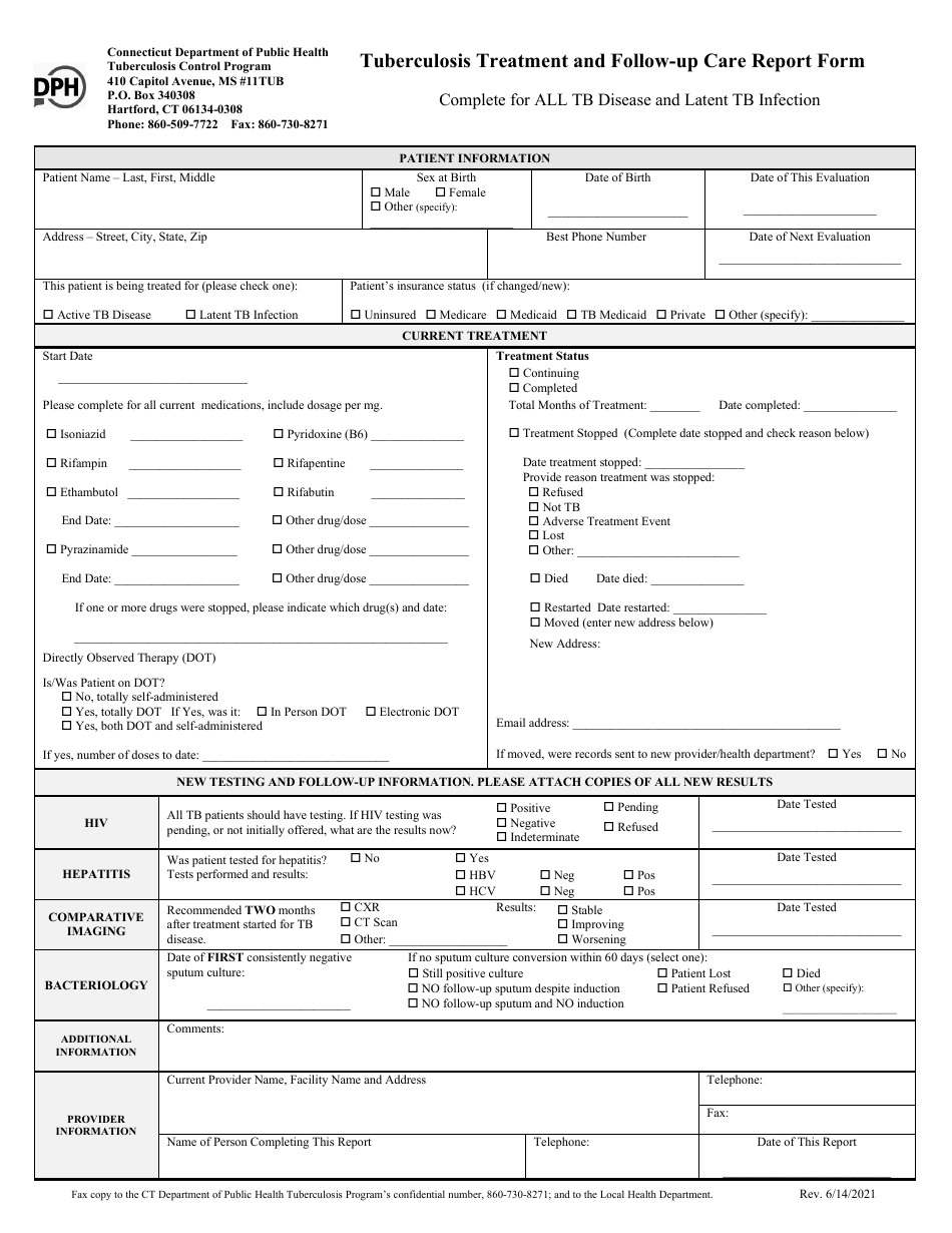 Tuberculosis Treatment and Follow-Up Care Report Form - Connecticut, Page 1