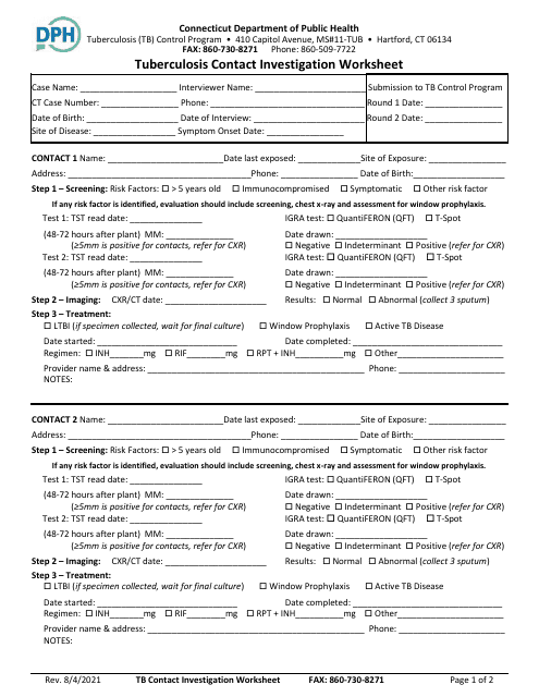 Tuberculosis Contact Investigation Worksheet - Connecticut