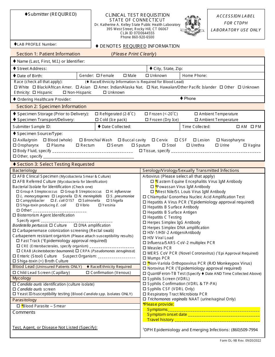 Form OL-9B Clinical Test Requisition - Connecticut, Page 1