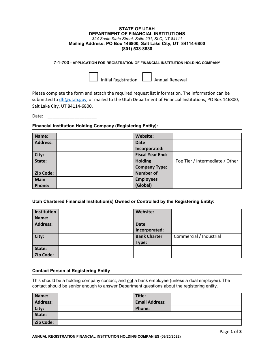 Utah Application for Registration of Financial Institution Holding ...