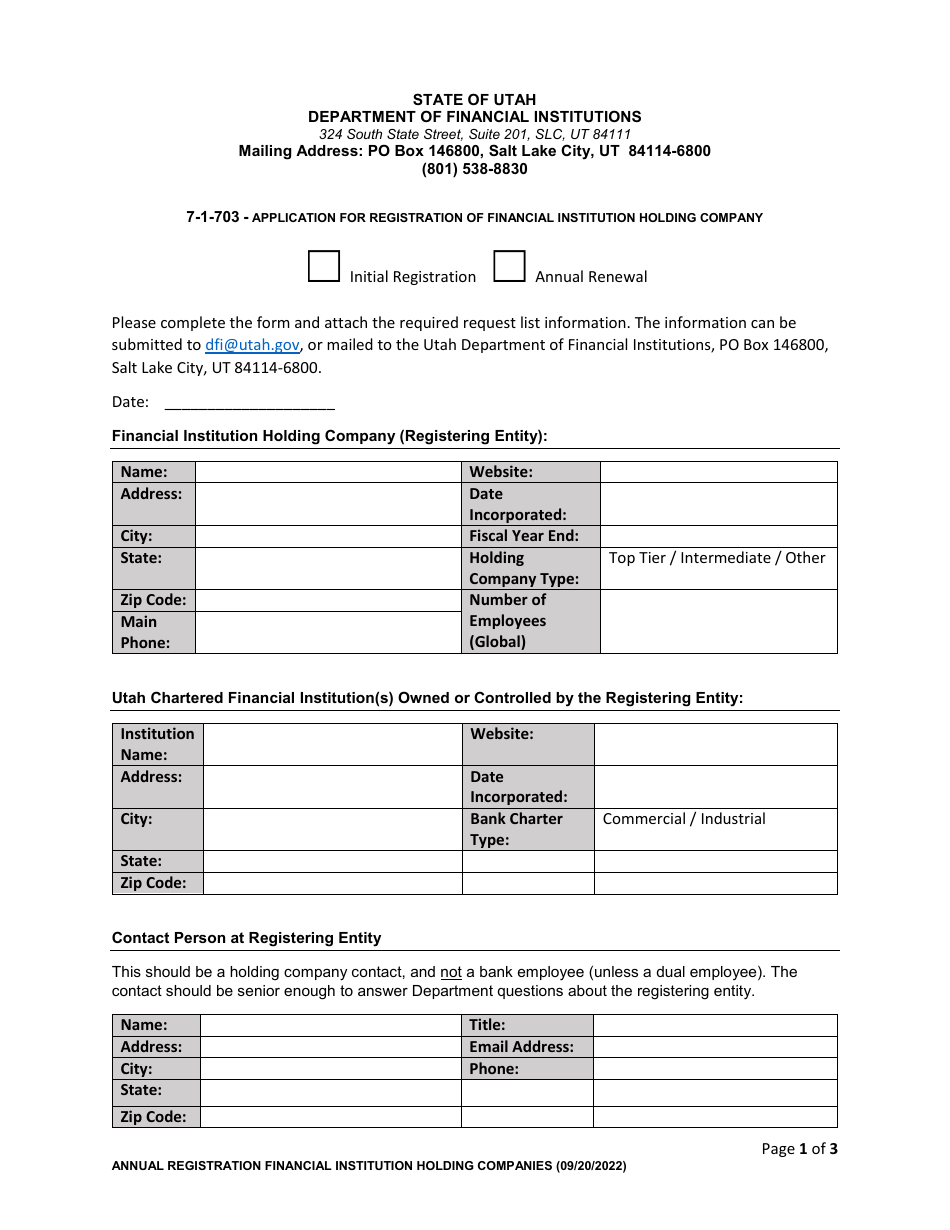 Application for Registration of Financial Institution Holding Company - Utah, Page 1