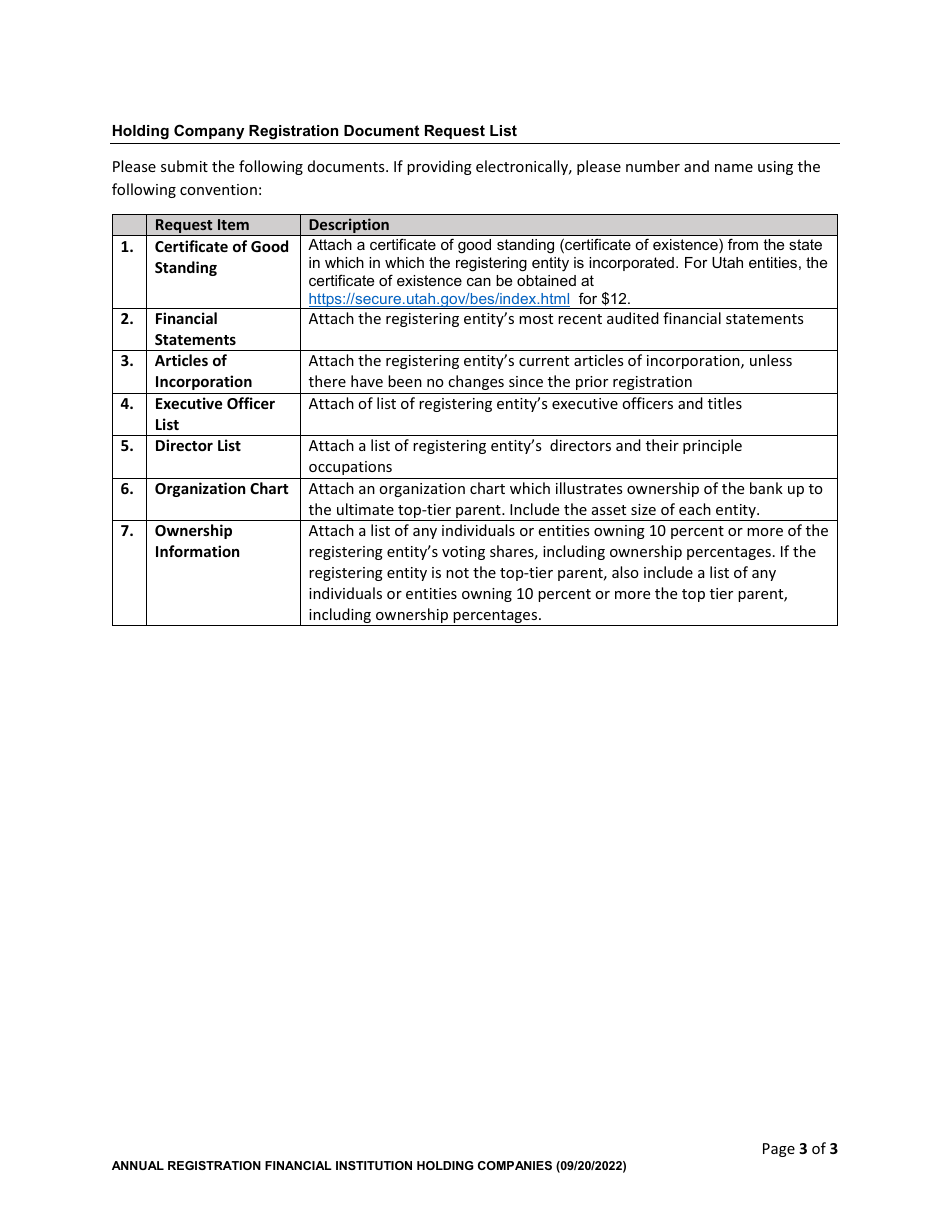 Application for Registration of Financial Institution Holding Company - Utah, Page 3