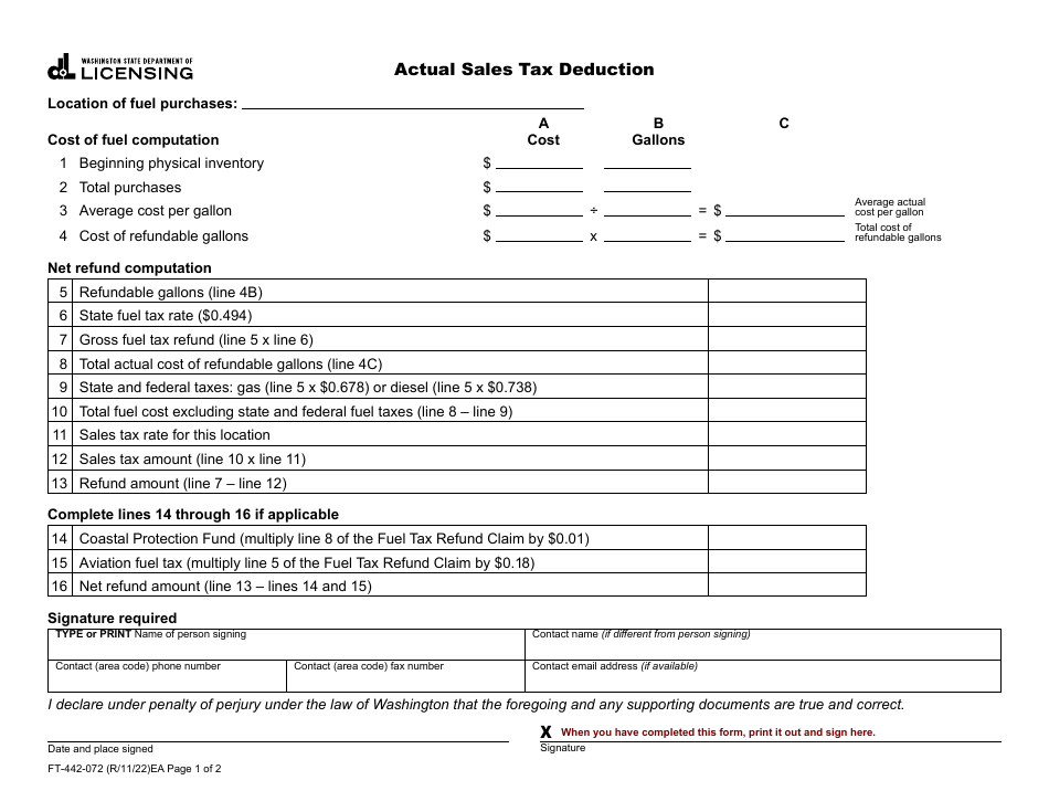 Form FT-442-072 Actual Sales Tax Deduction - Washington, Page 1