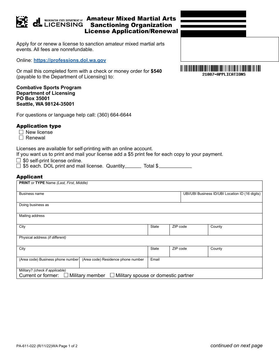 Form PA-611-022 Amateur Mixed Martial Arts Sanctioning Organization License Application / Renewal - Washington, Page 1