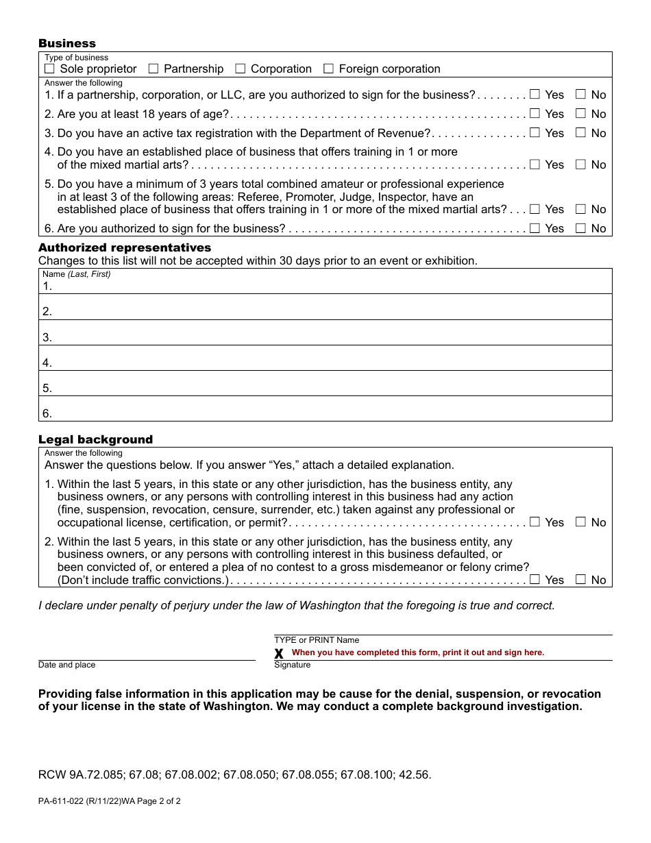 Form PA-611-022 Amateur Mixed Martial Arts Sanctioning Organization License Application / Renewal - Washington, Page 2