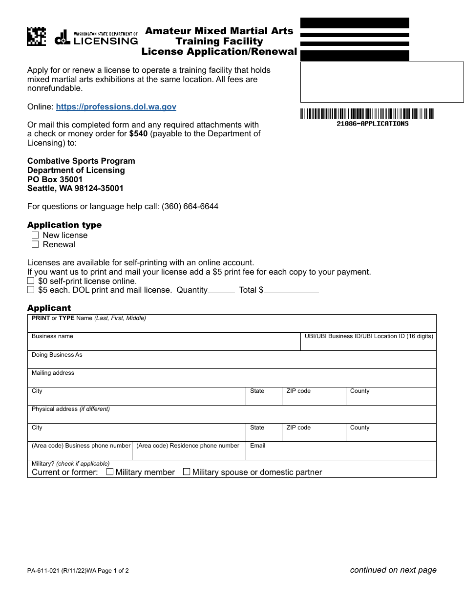 Form PA-611-021 Amateur Mixed Martial Arts Training Facility License Application / Renewal - Washington, Page 1