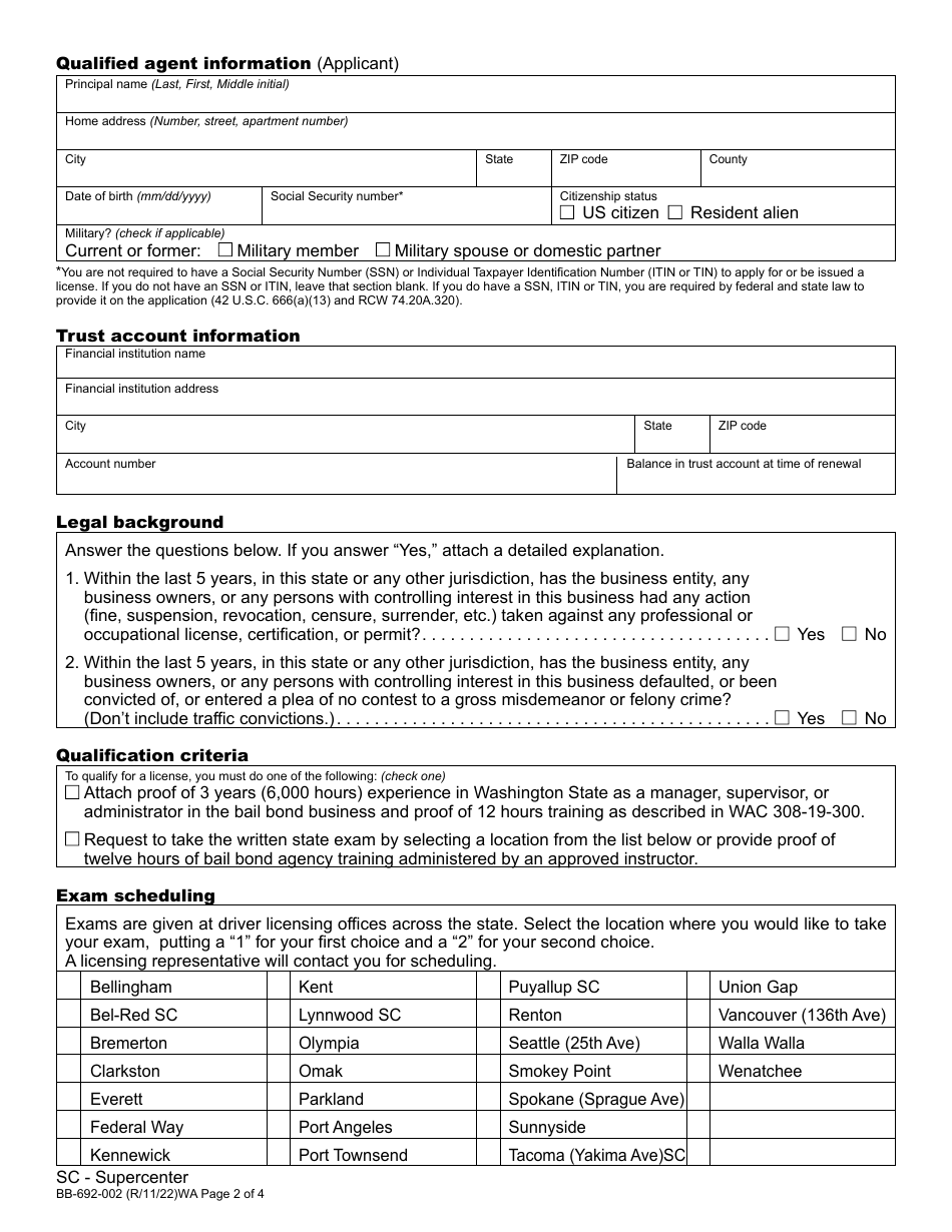 Form BB-692-002 Bail Bond Agency / Branch Office License Application - Washington, Page 2