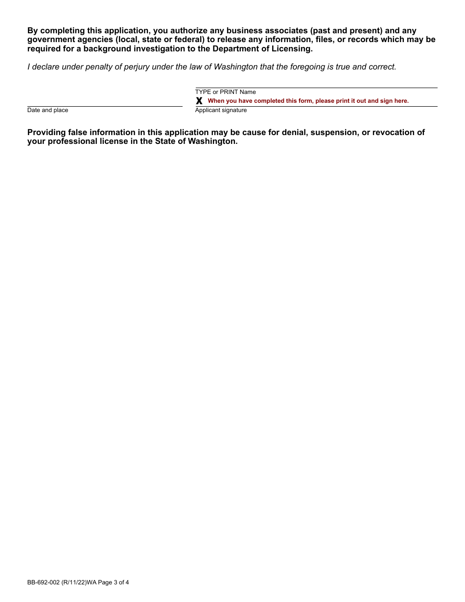 Form BB-692-002 Bail Bond Agency / Branch Office License Application - Washington, Page 3