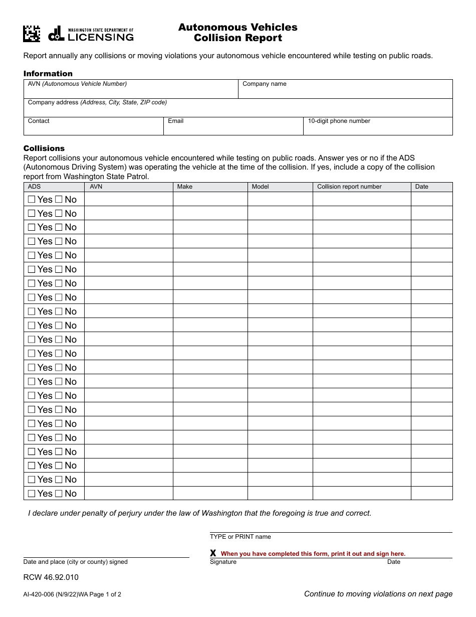 Form AI-420-006 Autonomous Vehicles Collision Report - Washington, Page 1