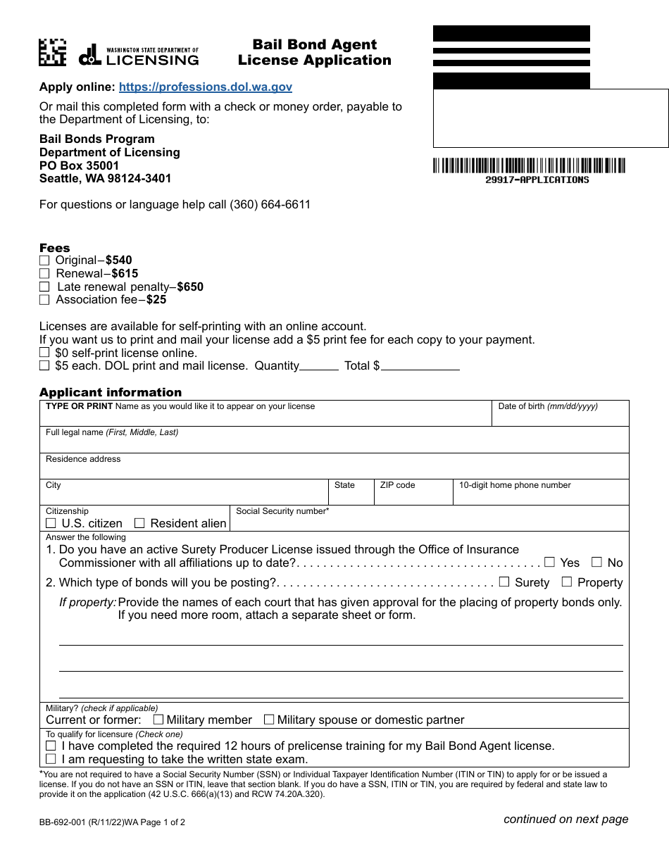 Form BB-692-001 Bail Bond Agent License Application - Washington, Page 1