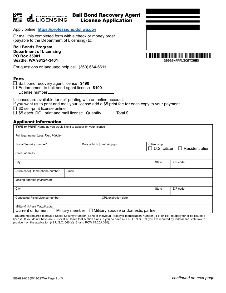 Form BB-692-005 Bail Bond Recovery Agent License Application - Washington, Page 1