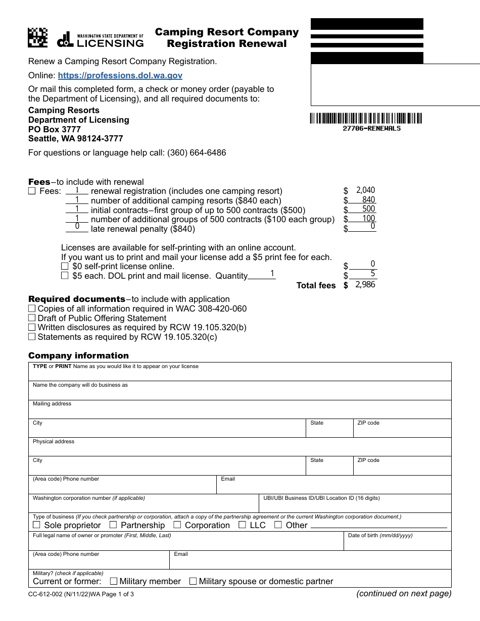 Form CC-612-002 Camping Resort Company Registration Renewal - Washington, Page 1