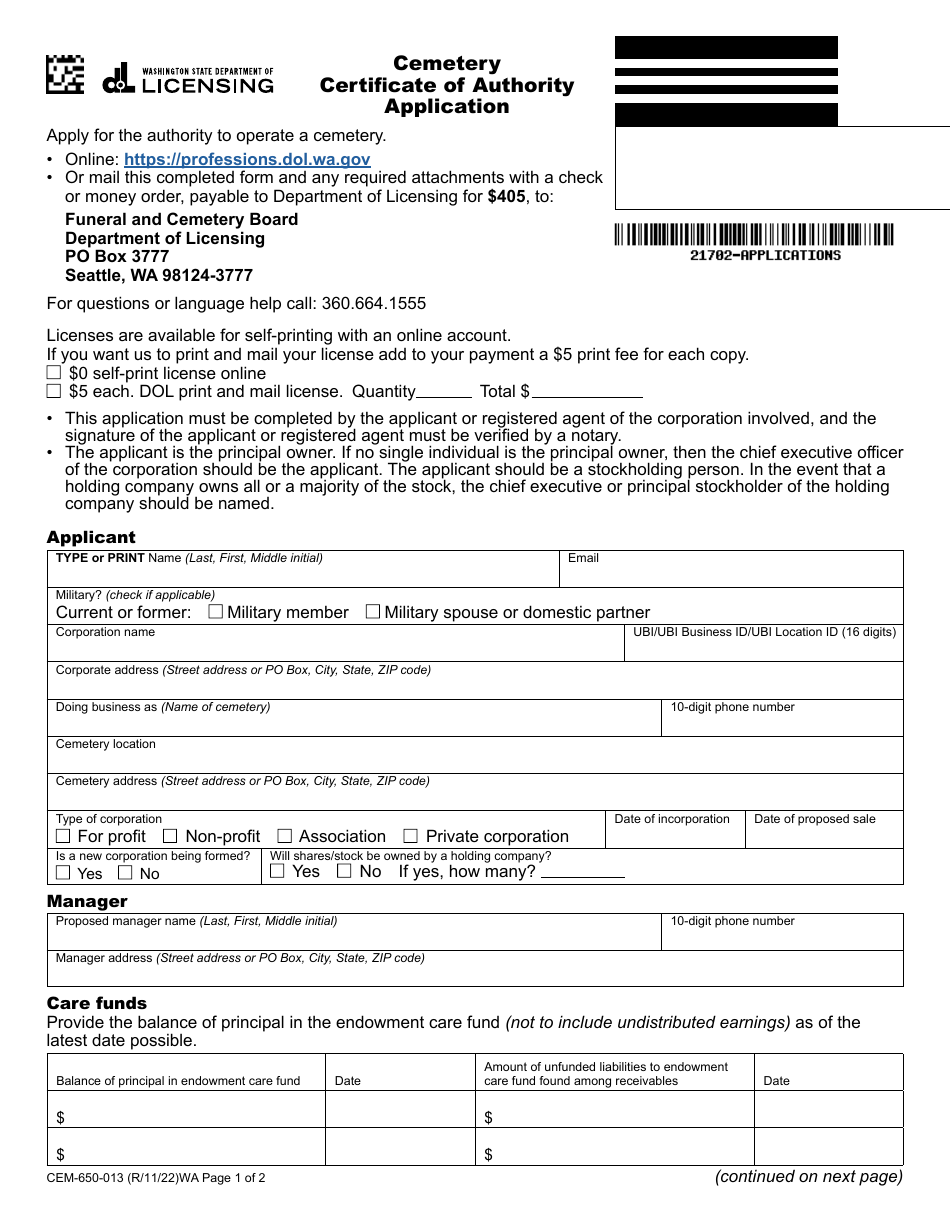 Form CEM-650-013 Cemetery Certificate of Authority Application - Washington, Page 1