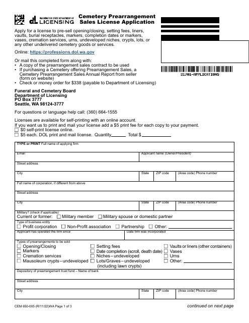 Form CEM650-005 Cemetery Prearrangement Sales License Application - Washington