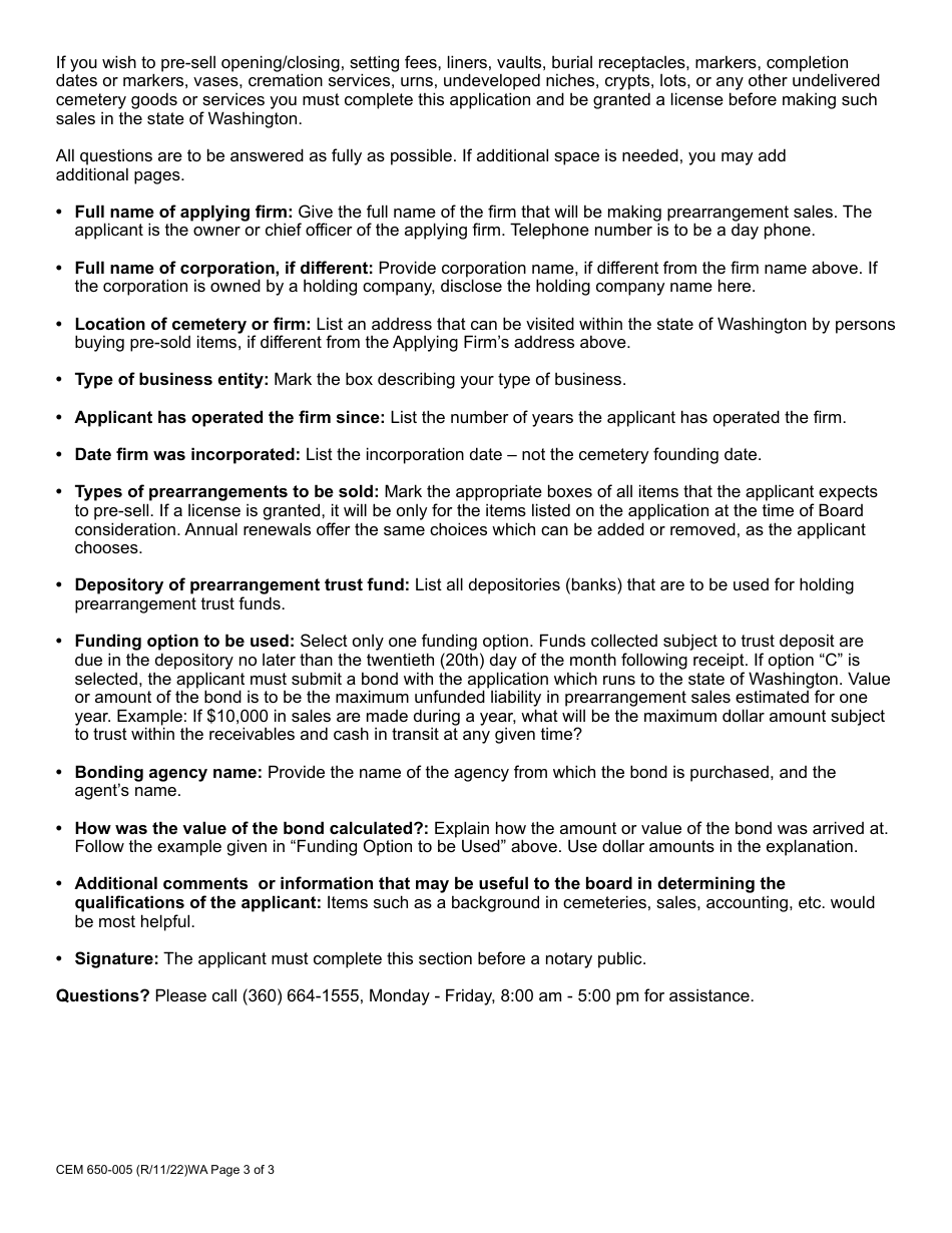 Form CEM650-005 Cemetery Prearrangement Sales License Application - Washington, Page 3